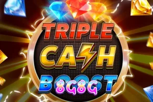 Tampilan layar permainan slot Triple Cash Boost dengan tema neon futuristik dan simbol buah klasik yang bersinar.