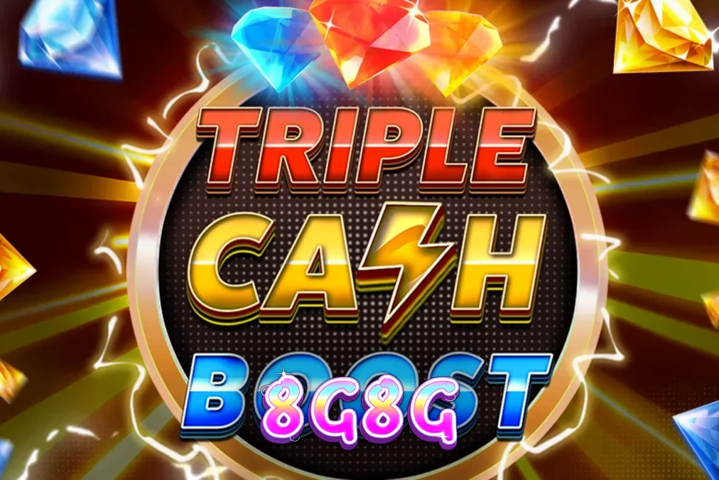 Tampilan layar permainan slot Triple Cash Boost dengan tema neon futuristik dan simbol buah klasik yang bersinar.