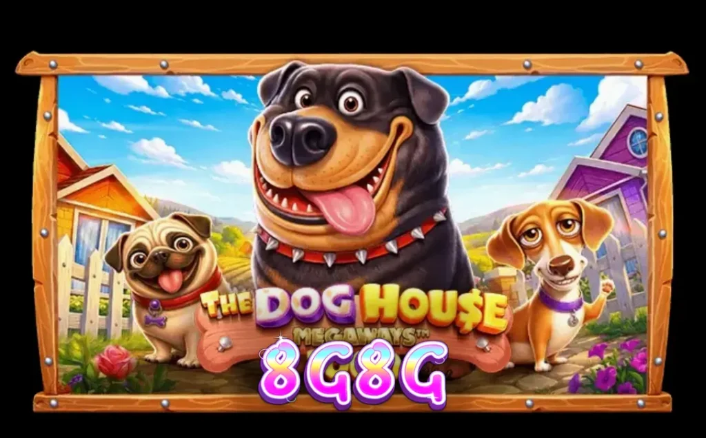 Tampilan visual The Dog House Megaways 1000 dengan latar pedesaan dan simbol anjing yang ikonik.